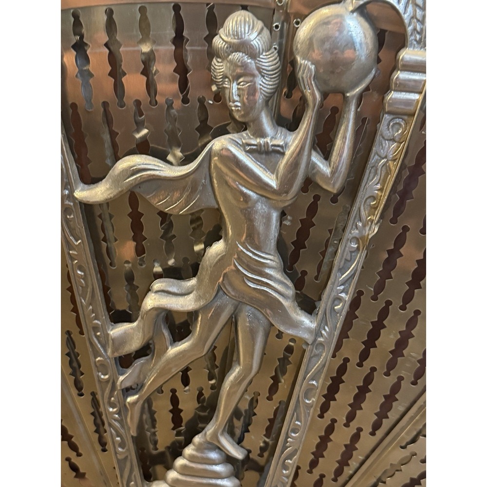 Vintage Art Deco Brass Peacock Fan Fireplace Screen Figural Filigree Goddess - Picture 6 of 16